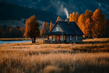 A cozy wooden cabin sits amidst an idyllic autumn landscape with golden trees and a nearby lake, set against majestic mountains. smoke rises from the chimney, adding warmth to the scene, evoking a sense of peace and seclusion. Generative AIの素材