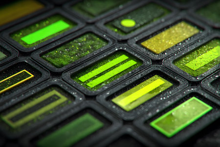 Close-up of a futuristic interface featuring illuminated green led panels with droplets of water. the vibrant, neon-like glow suggests high-tech themes and cyber aesthetics, ideal for digital and tech design purposes. Generative AIの素材
