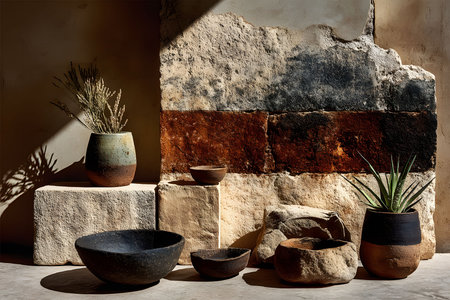 Earth-toned ceramic pots and bowls set against a textured stone background create a rustic ambiance. the scene highlights various natural materials and minimalist design, perfect for home decor inspiration or interior design projects. Generative AIの素材