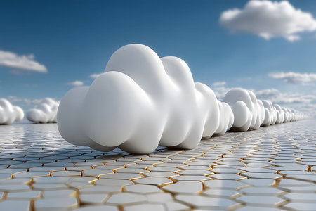 Surreal clouds with a smooth, organic form float above a textured, patterned surface. the scene combines elements of nature and geometric abstraction, creating a unique blend of reality and imagination. Generative AIの素材