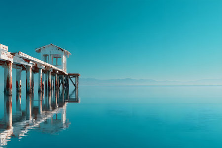 A serene coastal landscape featuring a rustic wooden pier extending over calm, reflective waters. the clear blue sky and distant mountains create a tranquil, idyllic atmosphere perfect for relaxation themes or decorative purposes. Generative AIの素材