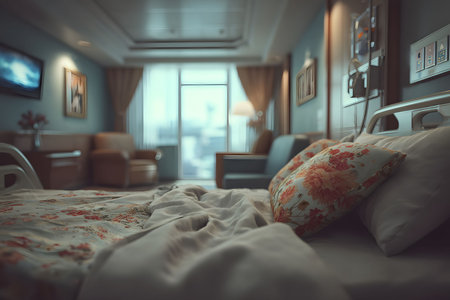 A hospital room featuring a comfortable bed with floral bedding and soft pillows. warm lighting creates a serene atmosphere. the room includes modern equipment, a seating area, and framed artwork on the walls. Generative AIの素材