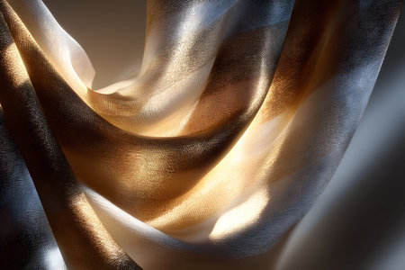 Silk-like fabric waves in golden and silver hues create a dynamic, abstract pattern. light accentuates the rich textures and contours, offering a luxurious, contemporary feel suitable for modern design projects. Generative AIの素材