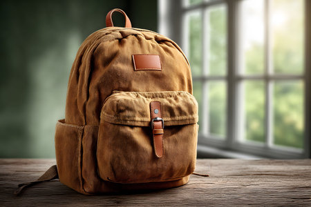 A rugged brown backpack sits on a wooden table in a room with a large window, allowing natural sunlight to cast soft shadows. perfect for travel, school, or everyday use, this versatile accessory blends style and functionality. Generative AIの素材