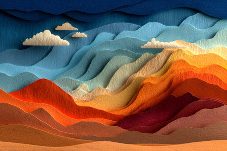 Vibrant paper craft art, showcasing a multi-colored mountain landscape under a dynamic sky with clouds. layered paper techniques create depth and texture, shades from deep blue to warm orange and red. Generative AIの素材