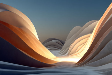 A tranquil abstract landscape featuring flowing, layered sand dunes glowing with warm sunlight at sunset. the composition emphasizes natural curves and textures under a clear sky, ideal for artistic and creative design projects. Generative AIの素材