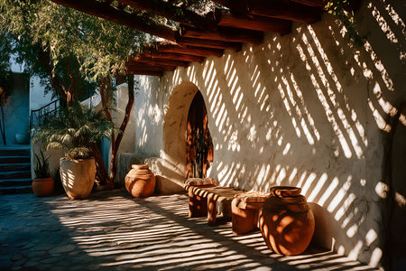 A picturesque mediterranean-style patio featuring wooden beams casting intricate shadows on an adobe wall. large clay pots and lush greenery add warmth and natural beauty, creating an inviting outdoor space ideal for relaxation and inspiration. Generative AIの素材