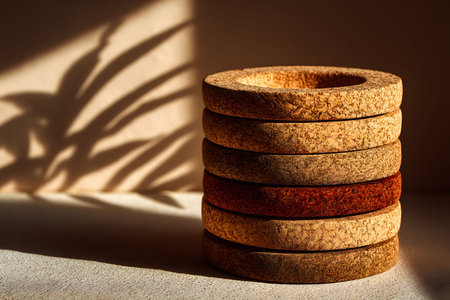 Stack of cork coasters arranged in sunlight casting leaf-patterned shadows, their natural texture. ideal for eco-friendly home decor and sustainability-focused design themes. Generative AIの素材