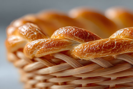 A detailed close-up of a woven bread basket showcasing intricately braided golden-brown bread textures. perfect for use in culinary designs, bakery promotions, and food-related visual content, craftsmanship and artistry. Generative AIの素材