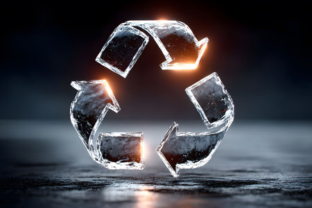 A captivating icy recycling symbol set against a dark, moody background, representing sustainability and environmental awareness. the illuminated ice arrows emphasize the importance of recycling in preserving our planet. Generative AIの素材