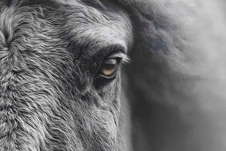 A detailed close-up of a horse's eye intricate textures of its fur, emphasizing the natural beauty and soulful expression. ideal for nature themes, wildlife appreciation, and animal-related designs. Generative AIの素材