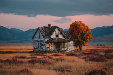 A tranquil autumn scene featuring a weathered, abandoned house beside a vividly colored tree. set against a backdrop of rolling hills, the rural surroundings evoke a sense of nostalgia and peaceful solitude. Generative AIの素材