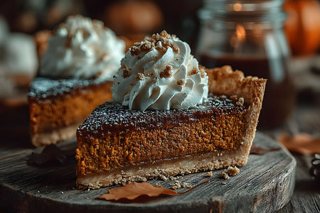 Cozy autumn scene featuring slices of pumpkin pie topped with whipped cream, set on a rustic wooden table. warm lighting enhances the comforting atmosphere, perfect for thanksgiving or autumn-themed culinary presentations. Generative AIの素材