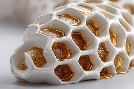 A modern sculpture resembling a honeycomb showcases intricate geometric patterns and abstract design. the structure features white hexagonal forms enveloping amber-colored resin, the contrast between smooth ceramic and translucent surfaces. Generative AIの素材
