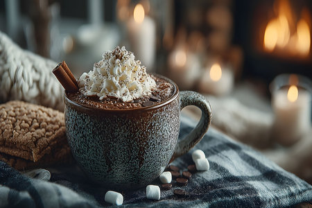 A comforting autumn scene featuring a rustic mug of hot chocolate topped with whipped cream, cinnamon, and marshmallows, set against a cozy background. soft candlelight and a warm fireplace create a relaxed, inviting atmosphere. Generative AIの素材