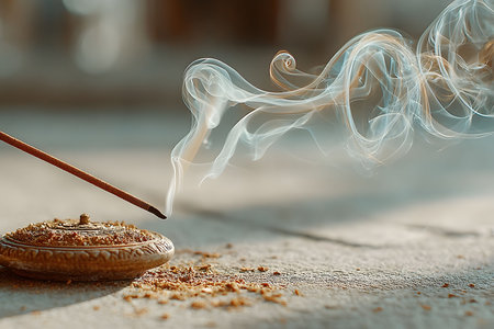 Delicate incense smoke spirals gracefully over a textured surface, creating a serene atmosphere. the warm sunlight enhances the tranquil ambiance, evoking a sense of calm and inner peace, ideal for meditation and relaxation themes. Generative AIの素材