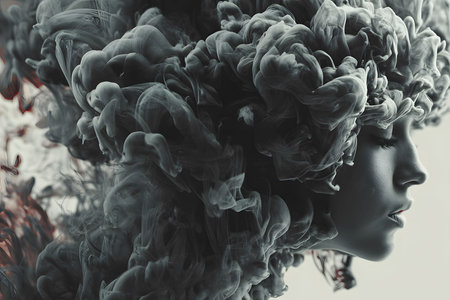 A creative portrait featuring a woman's face intricately enveloped in swirling, smoky formations. the abstract aesthetic blends fine art and surrealism, intricate details and dramatic contrasts, perfect for contemporary art applications. Generative AIの素材