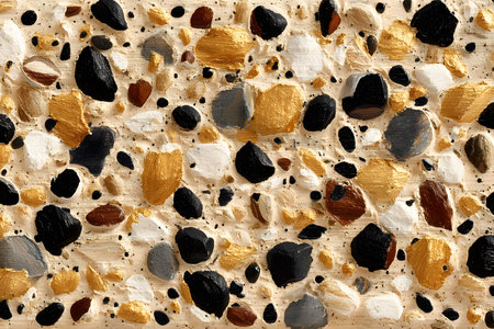 Modern terrazzo design with contrasting black, gold, and white stones on a light background, offering a contemporary aesthetic for interior decor, fashion, or design projects. ideal for adding a stylish, textured look. Generative AIの素材