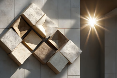 Geometric shapes form an abstract art piece on a smooth, modern wall. bathed in warm sunlight, the play of light and shadow enhances the textured surfaces, adding depth and elegance ideal for contemporary interiors. Generative AIの素材