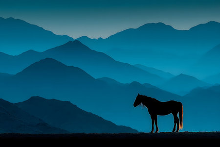 A lone horse silhouette stands majestically against a backdrop of layered mountains in a serene twilight setting, showcasing the peaceful coexistence of nature and wildlife. the blue-toned scene evokes tranquility and solitude. Generative AIの素材