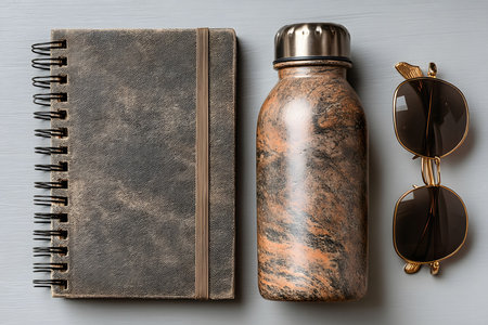 Flat lay of a spiral-bound notebook, a metallic water bottle with a marbled design, and a pair of classic sunglasses. the items are neatly arranged on a textured gray surface, evoking a sense of adventure and exploration. Generative AIの素材