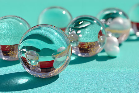 Transparent glass orbs reflecting light rest on a textured turquoise background. the abstract composition features delicate shadows and highlights, creating a modern and elegant aesthetic suitable for contemporary design projects. Generative AIの素材