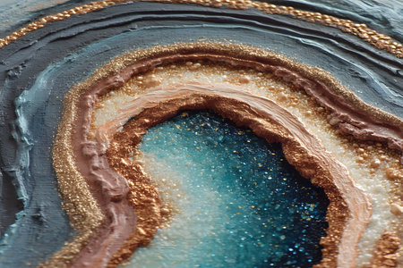 Close-up of abstract geode-inspired art featuring layers of metallic gold, copper, and multiple shades of blue. the texture and sparkling effect create an elegant and luxurious appearance, ideal for modern interior designs. Generative AIの素材