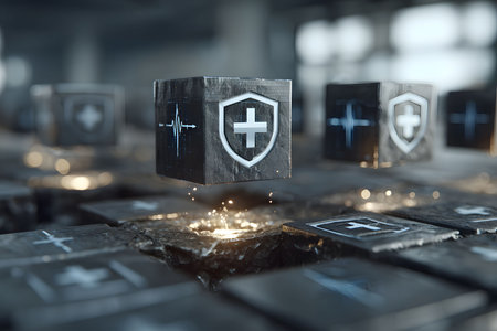 Floating digital cubes adorned with healthcare symbols, including a cross and heart monitor, convey futuristic medical technology in a modern, high-tech setting. ideal for illustrating concepts of innovation, digital health, and medical advancements. Generative AIの素材