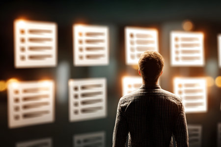 A man stands facing a wall of glowing data panels in a dimly lit room, symbolizing the integration of technology and information analysis. the scene conveys innovation, digital progress, and modern technological themes. Generative AIの素材