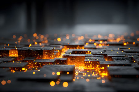 A surreal digital landscape featuring a grid of stone-like blocks illuminated by vibrant, glowing particles. the intense contrast creates a futuristic, otherworldly atmosphere ideal for innovative digital design projects. Generative AIの素材