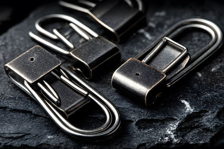 Close-up of industrial strength metal hardware, featuring interlocking steel pieces arranged artistically on a black stone backdrop. ideal for concepts of strength, durability, engineering, and industrial design. Generative AIの素材