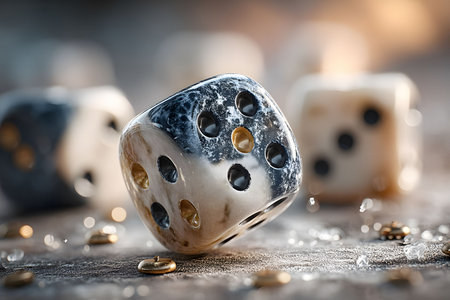 Mesmerizing dice with a marble-like texture sit alongside scattered coins on a textured surface. the focus on dice and coins evokes themes of gaming, chance, and strategy, enhanced by dramatic lighting and depth of field. Generative AIの素材