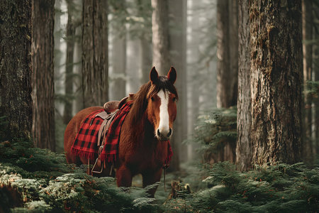 A horse stands gracefully in a lush forest, draped in a vibrant plaid saddle blanket. towering trees envelop the scene, creating a peaceful, natural atmosphere. perfect for nature and wildlife themes. Generative AIの素材