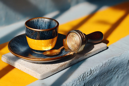 A rustic espresso cup and saucer set with a striking yellow and black design is elegantly displayed with a brass spoon and coffee tamper. the vibrant yellow and gray background contrasts sharply, creating an artistic coffee-themed setting. Generative AIの素材