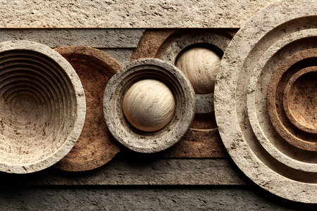 Geometric artwork featuring concentric circles in earthy textures and tones. the layered design in shades of brown and beige creates depth and balance, ideal for modern interiors, emphasizing abstract aesthetics. Generative AIの素材