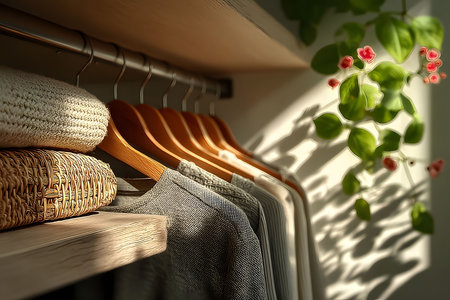A serene closet scene featuring wooden hangers holding neutral-toned clothing. textures of woven baskets and soft fabrics create a cozy minimalist vibe, enhanced by delicate sunlight and a green, leafy plant casting shadows. Generative AIの素材