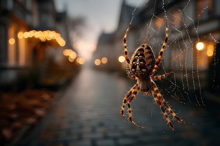 A detailed view of a spider perched on its web, set against a softly lit evening street. the background showcases blurred streetlights and charming architecture, the balance between nature and urban life. Generative AIの素材