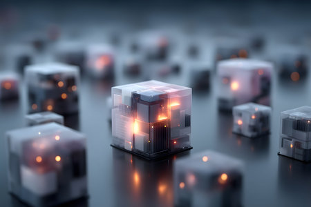 Futuristic, glowing cubes symbolize digital innovation and advanced technology. a central illuminated cube stands out amidst a blurred background, illustrating concepts of connectivity, data, and modern design. Generative AIの素材