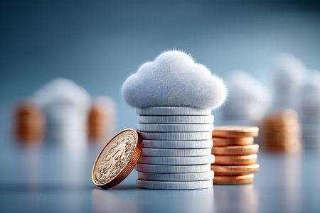 Coins stacked neatly symbolize financial growth, with a cloud on top representing cloud computing. the image reflects modern technology's integration into finance, digital assets and innovation. Generative AIの素材