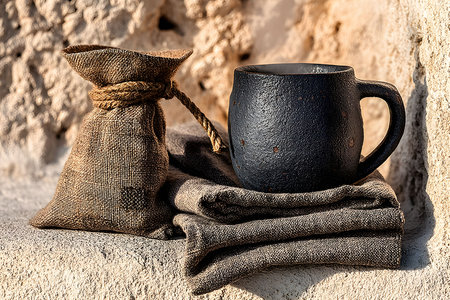 Rustic black coffee mug and burlap sack placed on folded linen, set against a textured stone backdrop. the natural sunlight accentuates the earthy tones, perfect for rustic kitchen decor themes and cozy interiors. Generative AIの素材