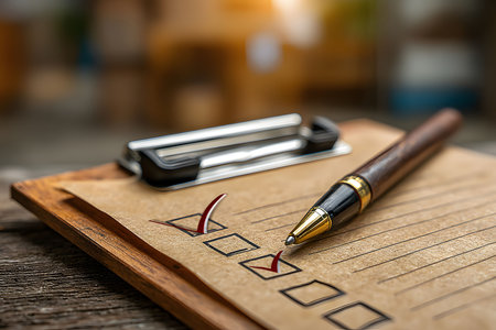 A close-up of a checklist clipped to a clipboard, a pen resting on it, symbolizing productivity and task management. the checklist features check marks, indicating completed tasks against a blurred background. Generative AIの素材