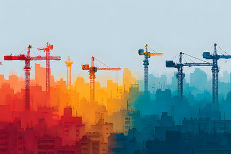 Abstract cityscape featuring construction cranes set against a dynamic gradient background transitioning from warm red to cool blue tones. the image symbolizes urban growth and architectural progress with a modern, artistic flair. Generative AIの素材