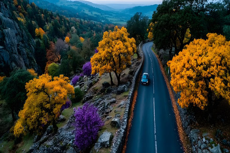 A winding road cuts through a breathtaking autumn landscape, lined with vibrant orange and purple trees. rolling hills and expansive views create a picturesque backdrop, enhancing the serenity of a lone car journeying through the countryside. Generative AIの素材