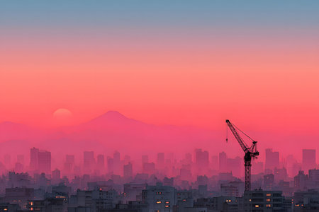 A tranquil urban sunset with a vibrant gradient sky, juxtaposing the silhouette of a city skyline against a distant mountain. a lone construction crane stands amidst the buildings, urban development and progress. Generative AIの素材