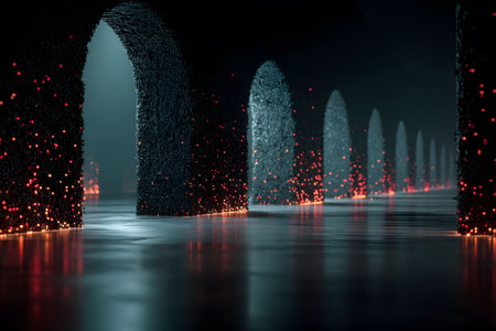 Enchanted stone arches glow with ethereal light in a dimly lit corridor, casting reflections on a glossy surface. the scene evokes otherworldly mystery, blending ancient architectural elegance with modern visual aesthetics. Generative AIの素材