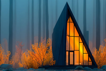 A serene a-frame cabin nestled in a misty forest, illuminated by a warm glow. surrounded by vibrant autumn foliage, the scene evokes tranquility and warmth, making it ideal for themes of nature, solitude, and cozy retreats. Generative AIの素材