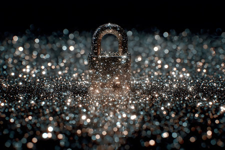A shiny padlock surrounded by shimmering particles symbolizes security, privacy, and protection. the sparkling background conveys a sense of luxury and reflects the importance of safeguarding valuable assets. Generative AIの素材