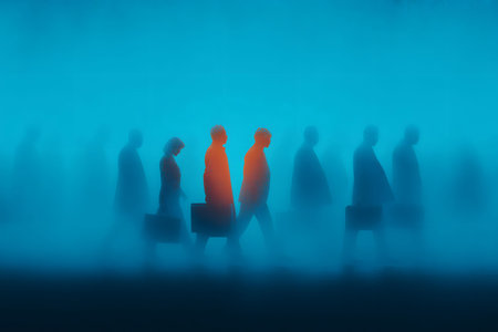 Silhouetted figures carry briefcases through a foggy blue ambiance, illustrating themes of daily commuting, business dedication, and the journey of professionals in a modern workplace setting. Generative AIの素材