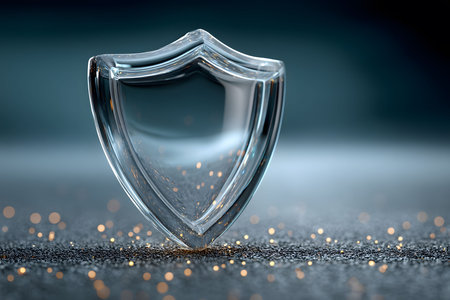 A transparent glass shield stands prominently against a blurred, sparkling background, embodying themes of protection, security, and clarity. the gentle bokeh lights add an element of elegance and sophistication, enhancing the shield's symbolism. Generative AIの素材
