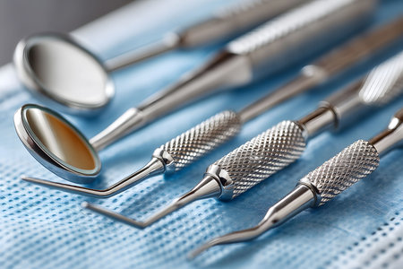A close-up of dental care instruments, including scalers and a mirror, placed on a sterile blue surface. the metallic tools feature textured handles and precision tips, their use in professional oral hygiene. Generative AIの素材